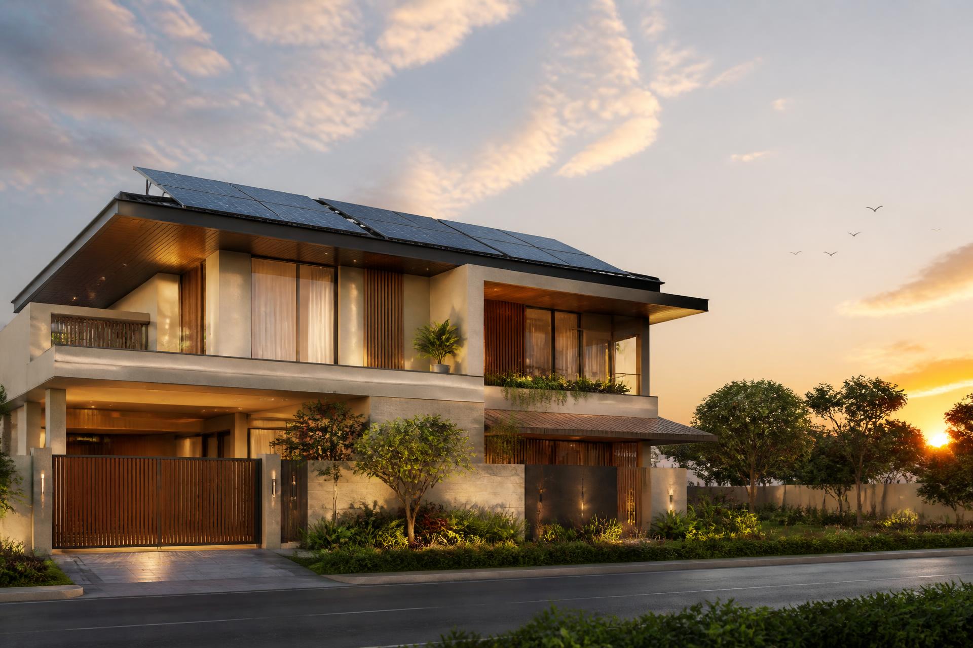 Modern Indian villa with rooftop solar panels at golden hour