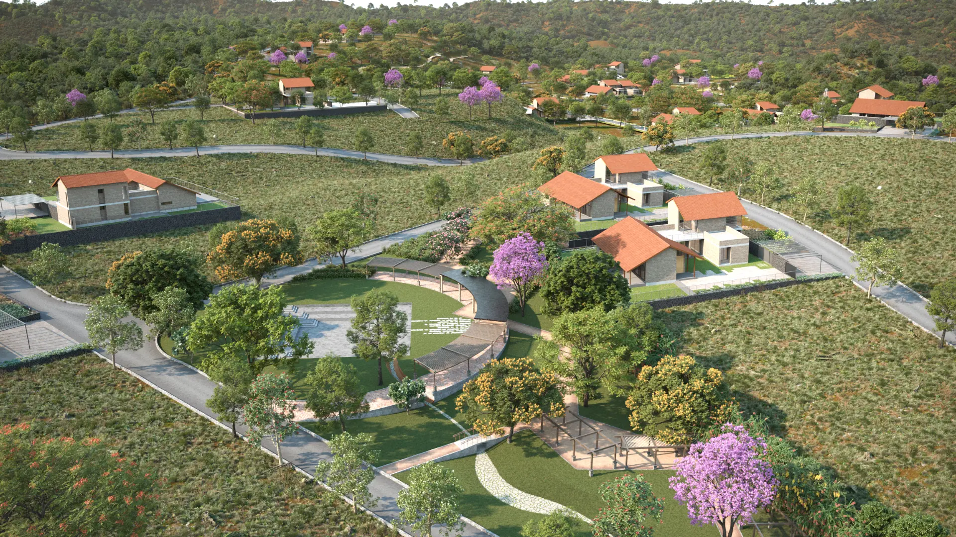 Aerial view of the Sanctuary in the Woods community nestled in the forest